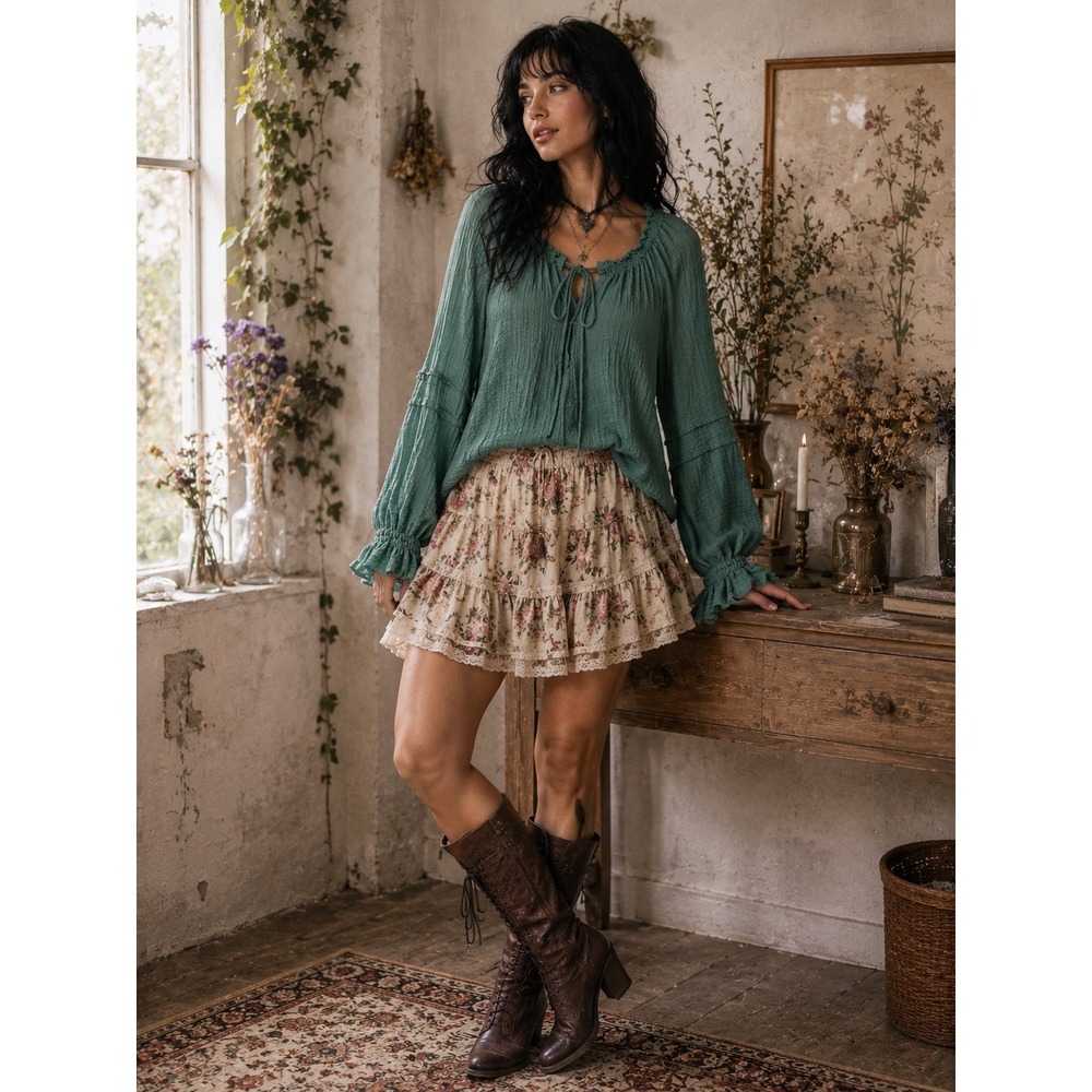 Free People Womens M Green Textured Balloon Sleeve Boho Peasant Blouse Top